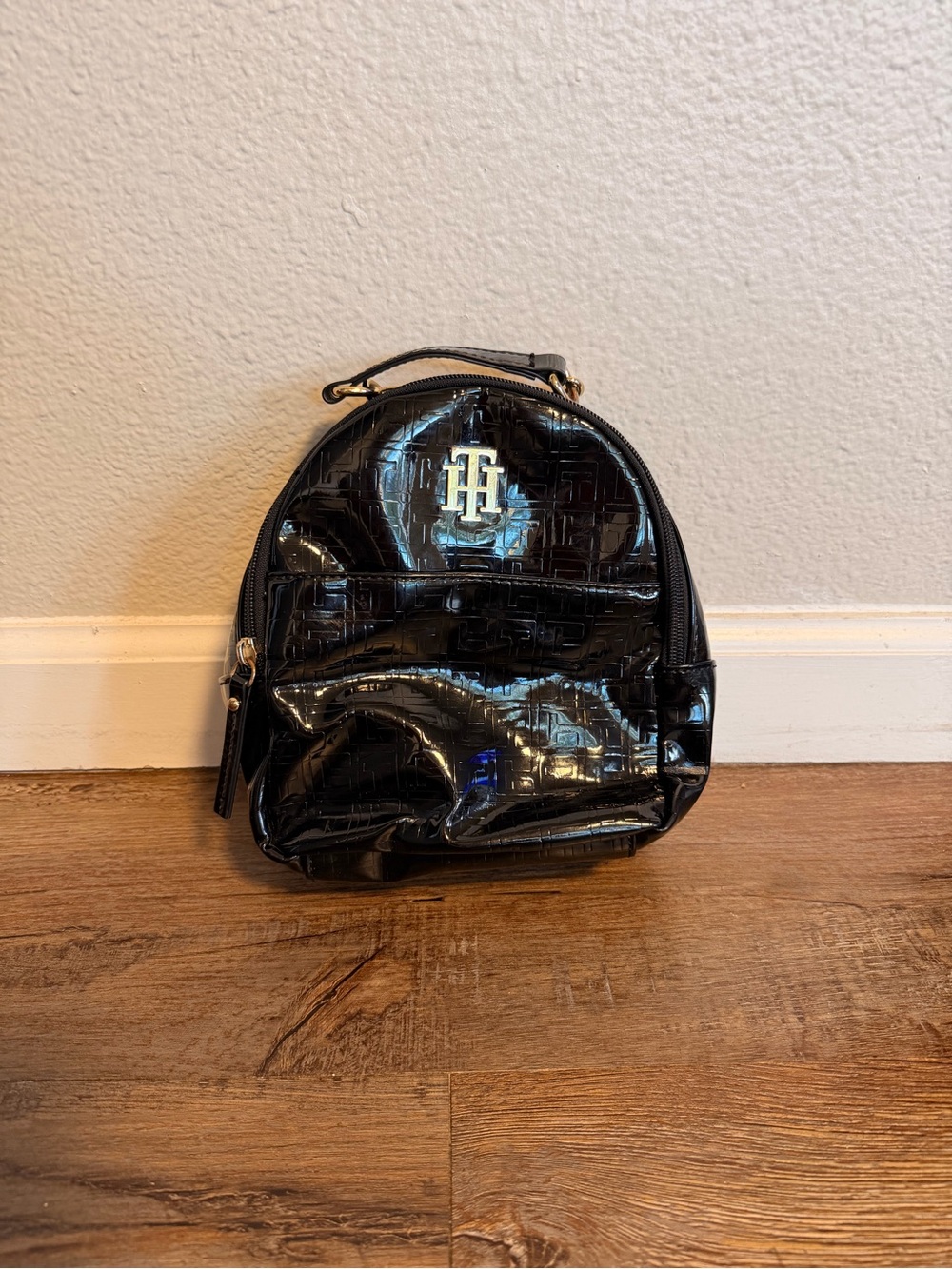 Tommy Hilfiger Black Patent Mini Backpack Bag